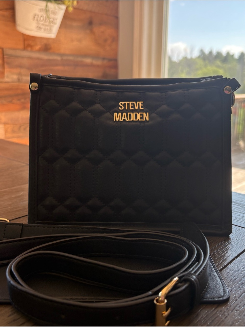 Steve Madden Black Quilted Top-Handle Satchel with Gold Logo - Picture 5 of 9
